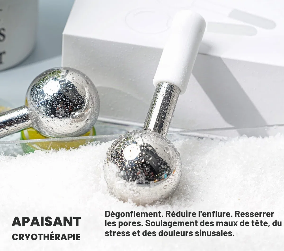 VRAIKO Ice Globes pour le visage et Gua Sha, outils pour le visage Gua Sha et bâtonnets de cryo avec acier incassable, rouleaux de refroidissement pour les cernes, les poches et le drainage (Blanc)