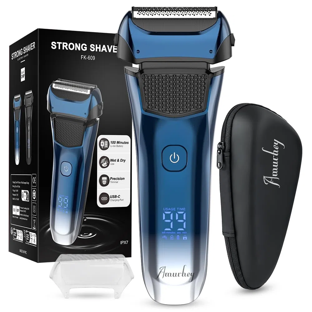 Rasoir Électrique homme avec 3 lames flexibles et étui de voyage, Rasoir Électrique Barbe avec tondeuse de précision, rasoir humide/sec, autonomie de 120 minutes, rechargeable, cadeaux pour hommes