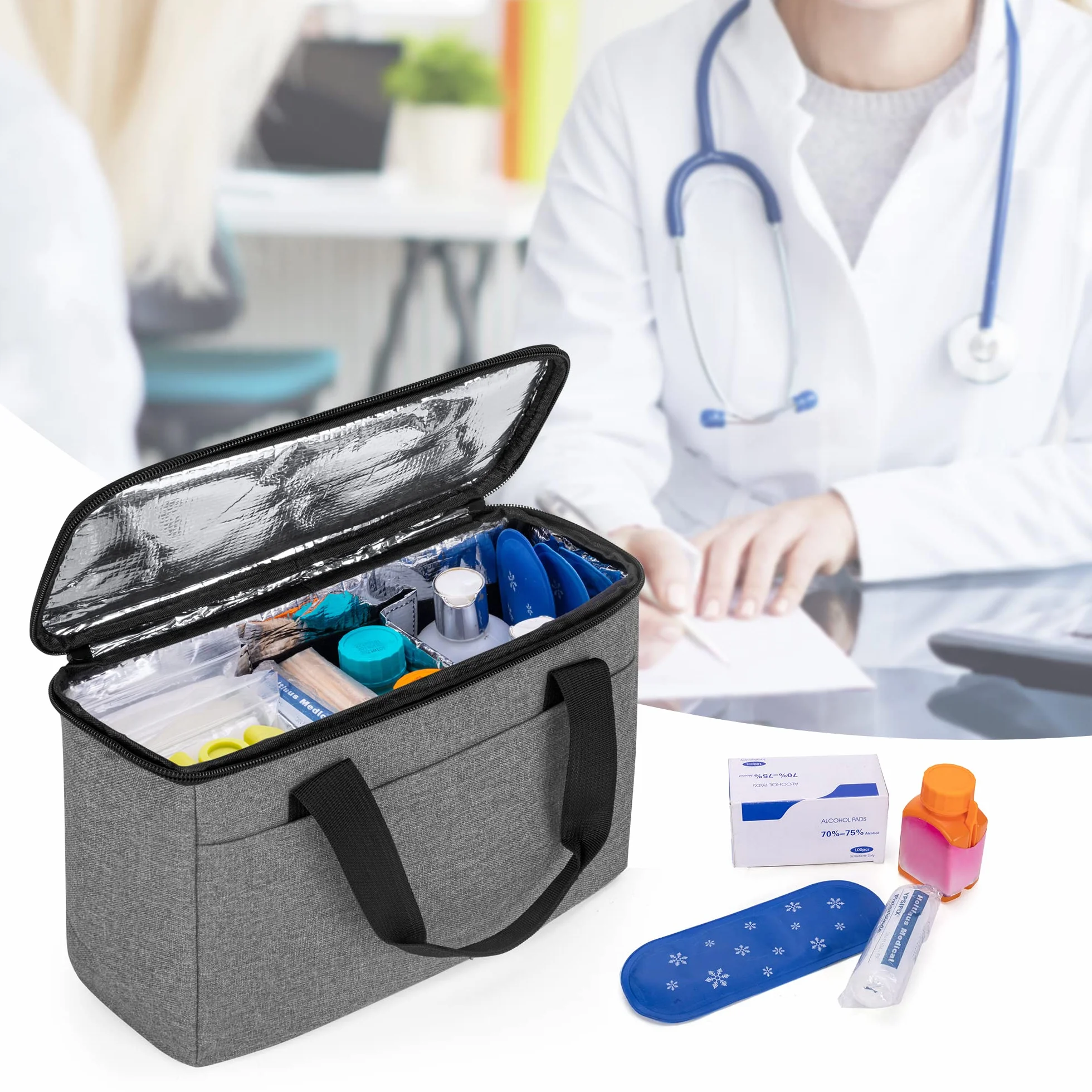 Trunab Petit Sac Médical Isolé avec Séparateurs Réglables, Sac Isotherme Résistant à l'eau pour Insuline, Suppléments ou Fournitures Médicales et Diabétiques (Gris) - Design Breveté
