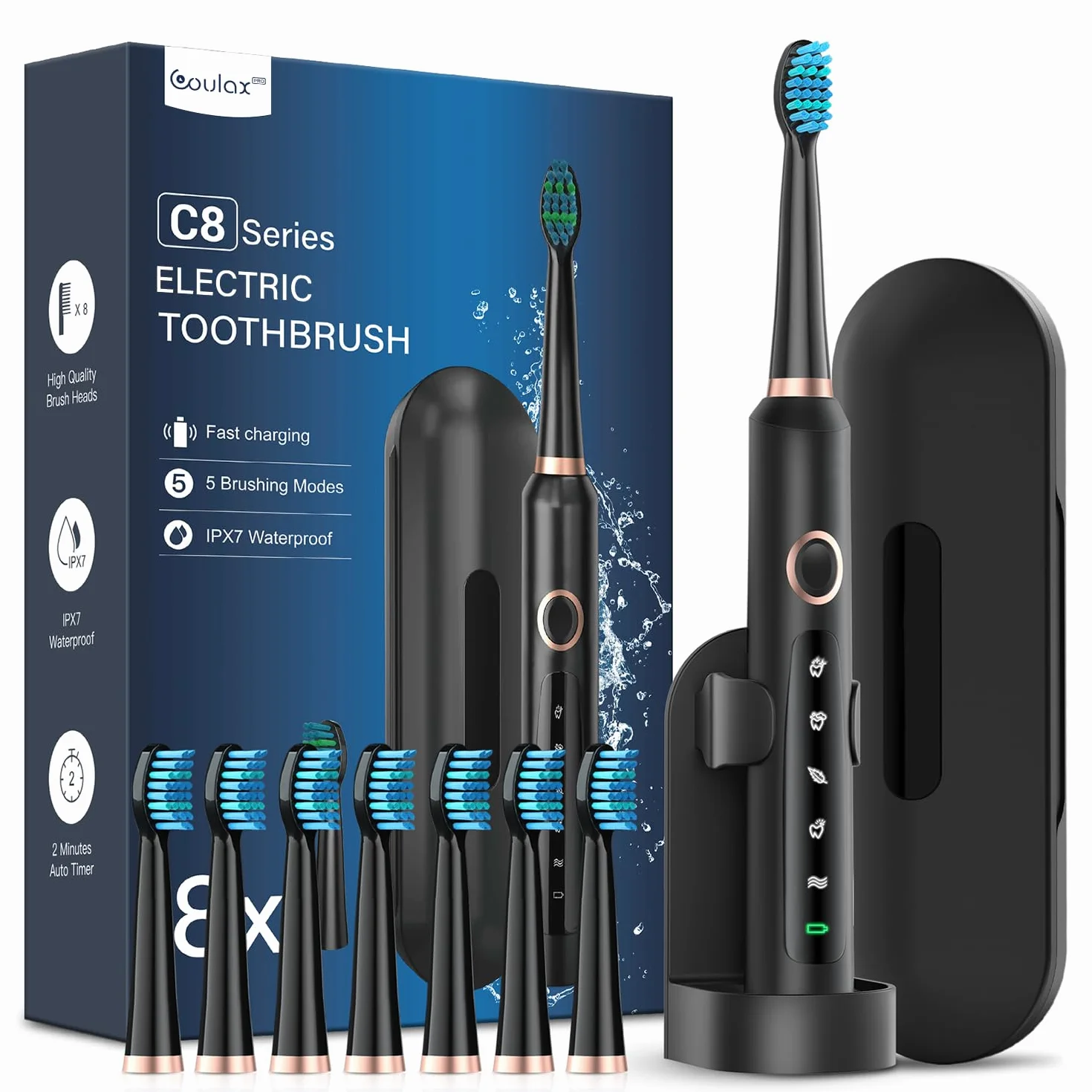 Brosses à Dents Électriques Soniques Adultes avec 8 Têtes - Brosse à Dents Électrique avec Étui de Voyage, 5 Modes et IPX7, Brosses à Dents Électriques à Ultrasons pour Femmes Hommes, Noir Foncé