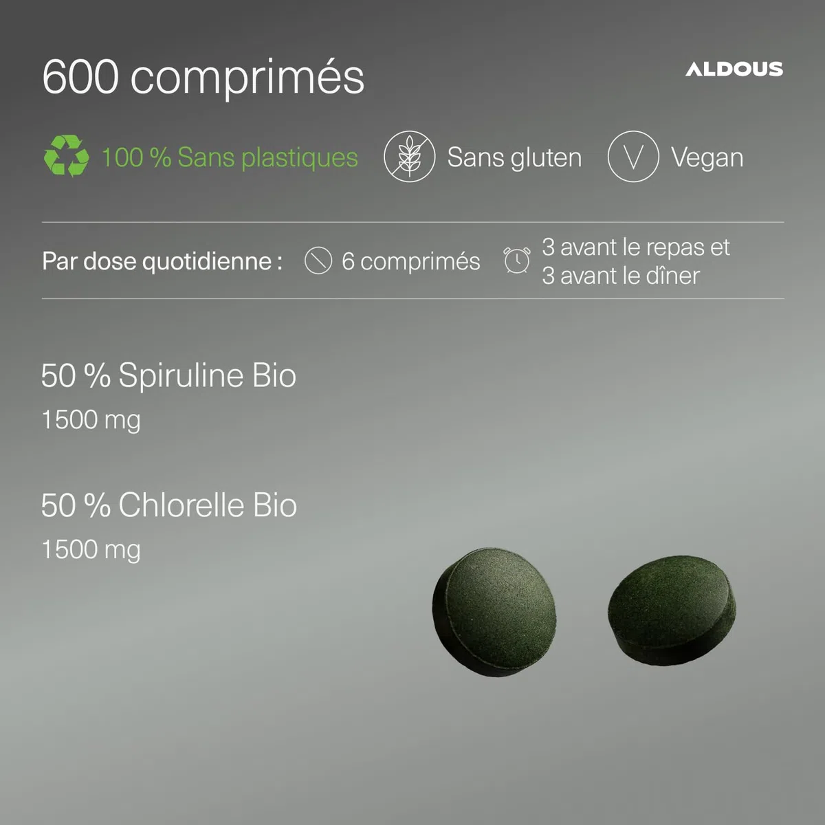 Chlorella + Spiruline Comprimés - 600 Comprimés - 3000mg par Dose Journalière - Anti Fatigue & Immunité Adulte - Phycocyanine & Protéines - Vegan - DETOX - Sans Additif - Certifié Bio - ALDOUS