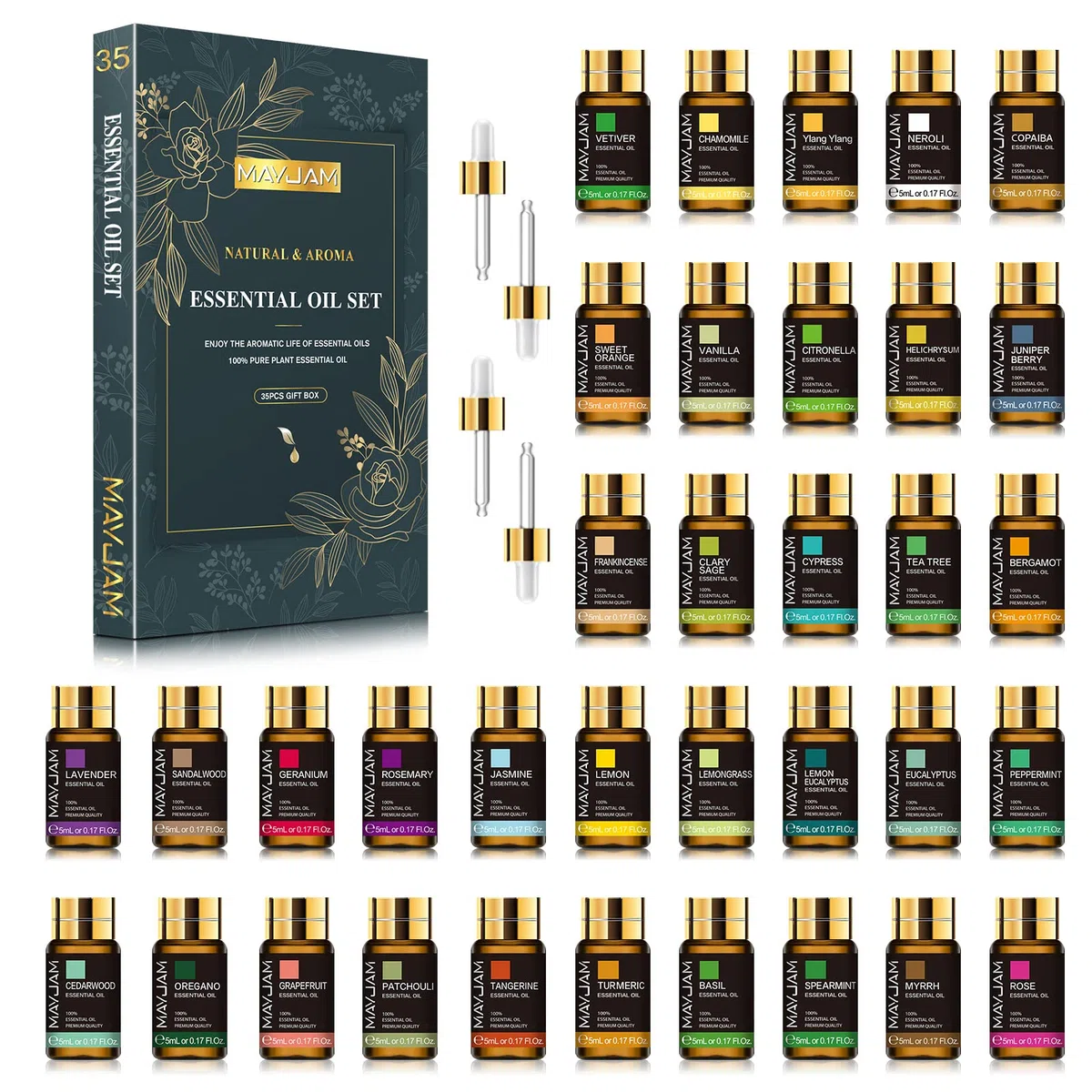 MAYJAM Kit Huiles Essentielles 35 x 5ml, Huile Essentielle pour Diffuseur, Naturelle Pure Huile de Lavande, Eucalyptus, Menthe Poivrée, Vanille, Citron, Rose, Citronnelle,Tee Tree, Santal, Cèdre