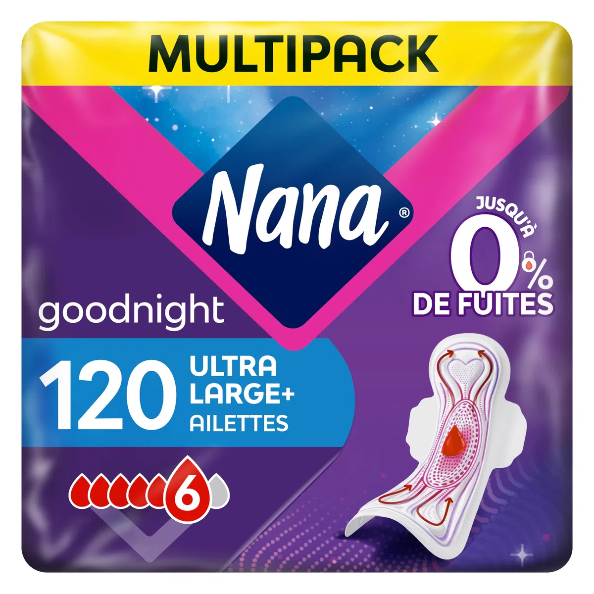 Nana Ultra Goodnight Large Serviettes Hygiéniques Avec Ailettes - Flux Très Abondants - 120 Serviettes En Pochette Individuelle