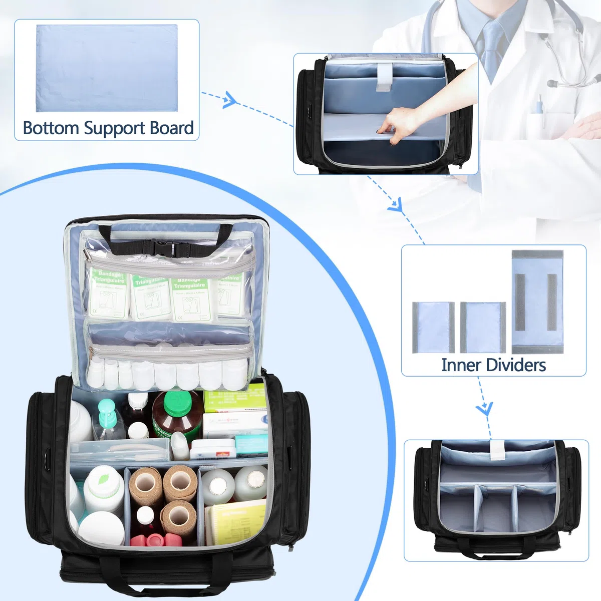 Damero Trousse de Secours Vide avec Chariot Amovible, Sac Médical à roulettes avec Séparateurs Amovibles, kit de Sauvetage d'urgence pour pour Médecins, Professionnels EMS, Noir