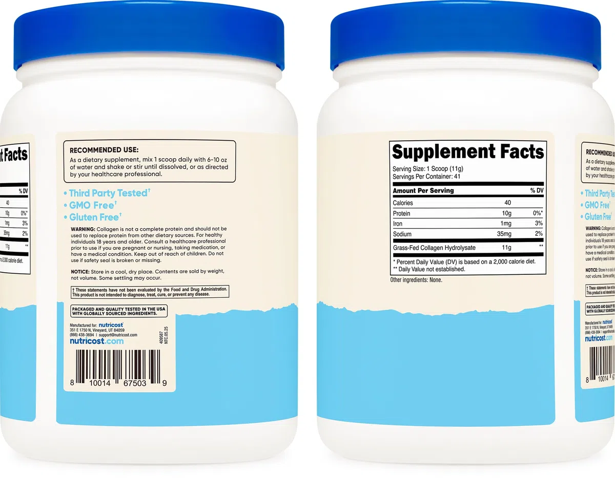Poudre de collagène nourri à l'herbe Nutricost 1 lb (454 g) - Hydrolysat de collagène bovin (sans parfum) - Peptides de