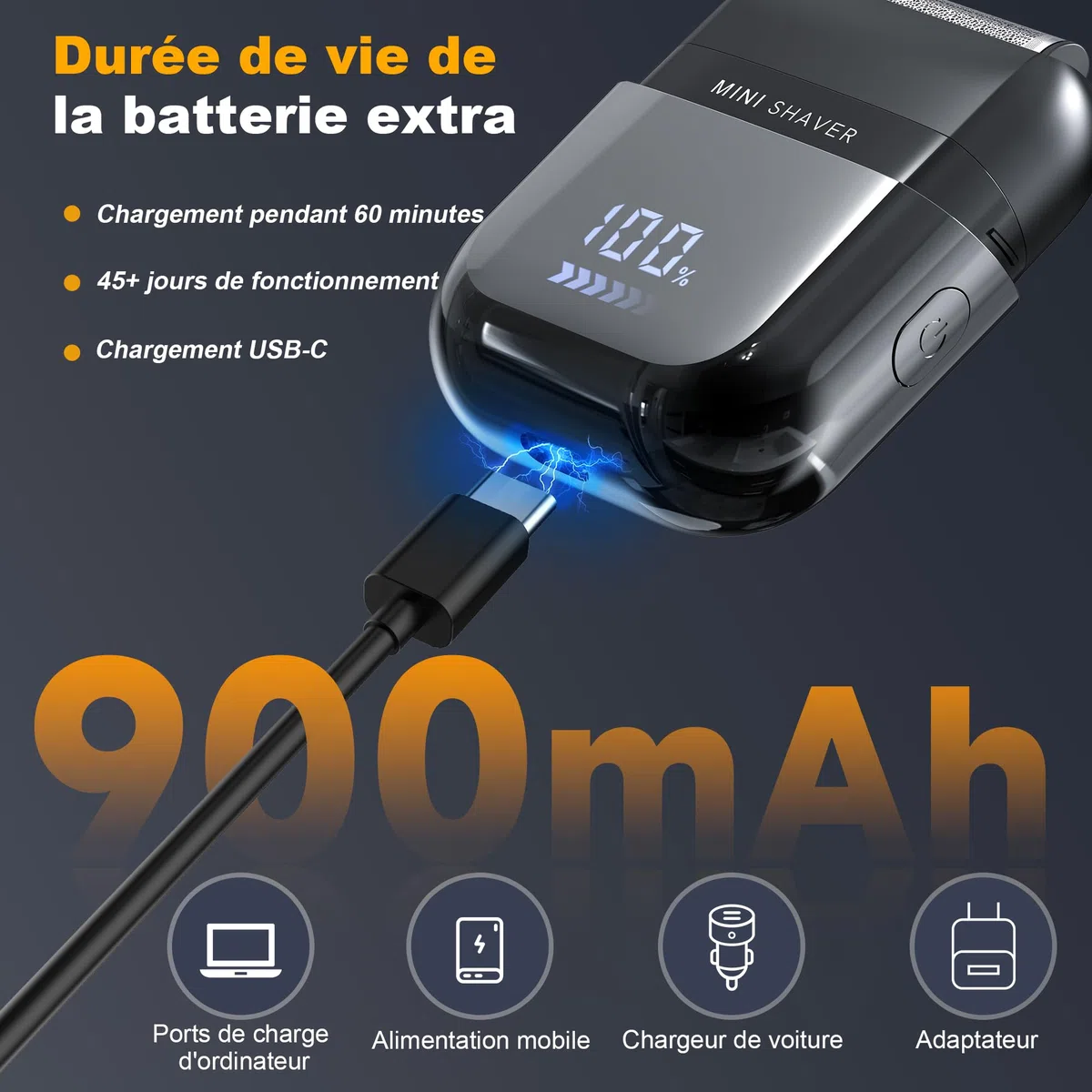 Mini Rasoir Électriques pour Hommes avec Affichage LED, Rasoir Électrique Étanche IPX7, Mini Rasoir Portable Silencieux et Lavable, Rasoir Homme