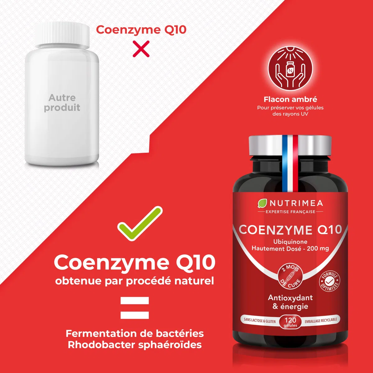 COENZYME Q10 - Précurseur de l'Ubiquinol - Puissant Antioxydant Naturel - Protecteur Anti-Age - Énergie Cellulaire - Absorption Maximale - 120 Gélules Vegan - Nutrimea - Fabriqué en France