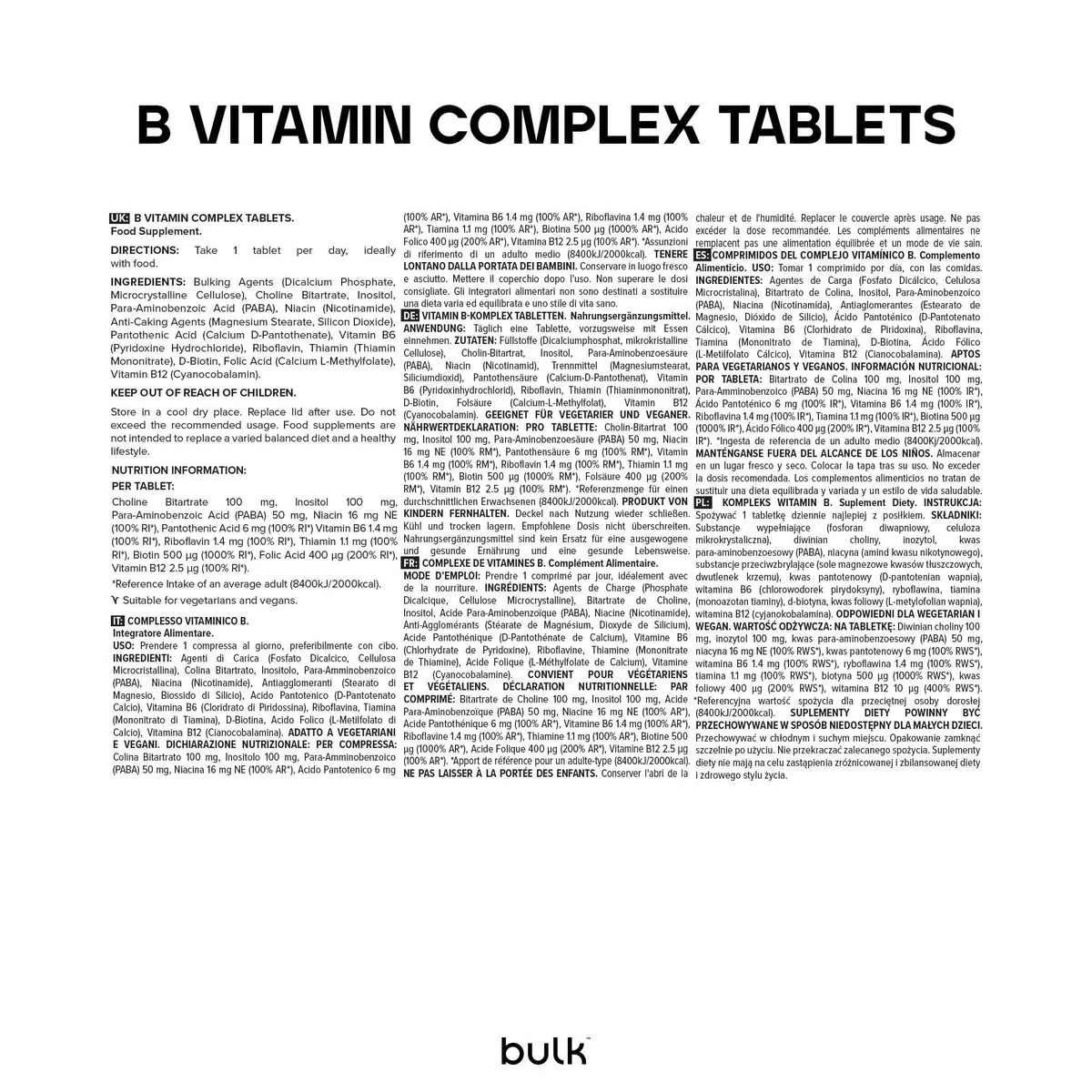 Bulk Comprimés de complexe de vitamines B, paquet de 180, l'emballage peut varier