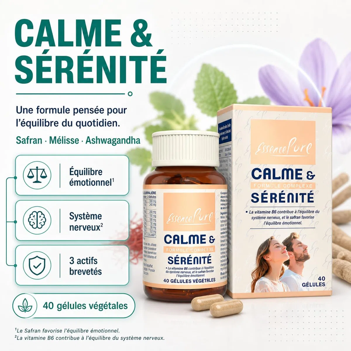 Calme & Sérénité | Ashwagandha + Safran + Griffonia 5-HTP + Rhodiola + Mélisse - Stress Anxiété Angoisse | 40 Gélules Végétales - Essence Pure Api-Nature