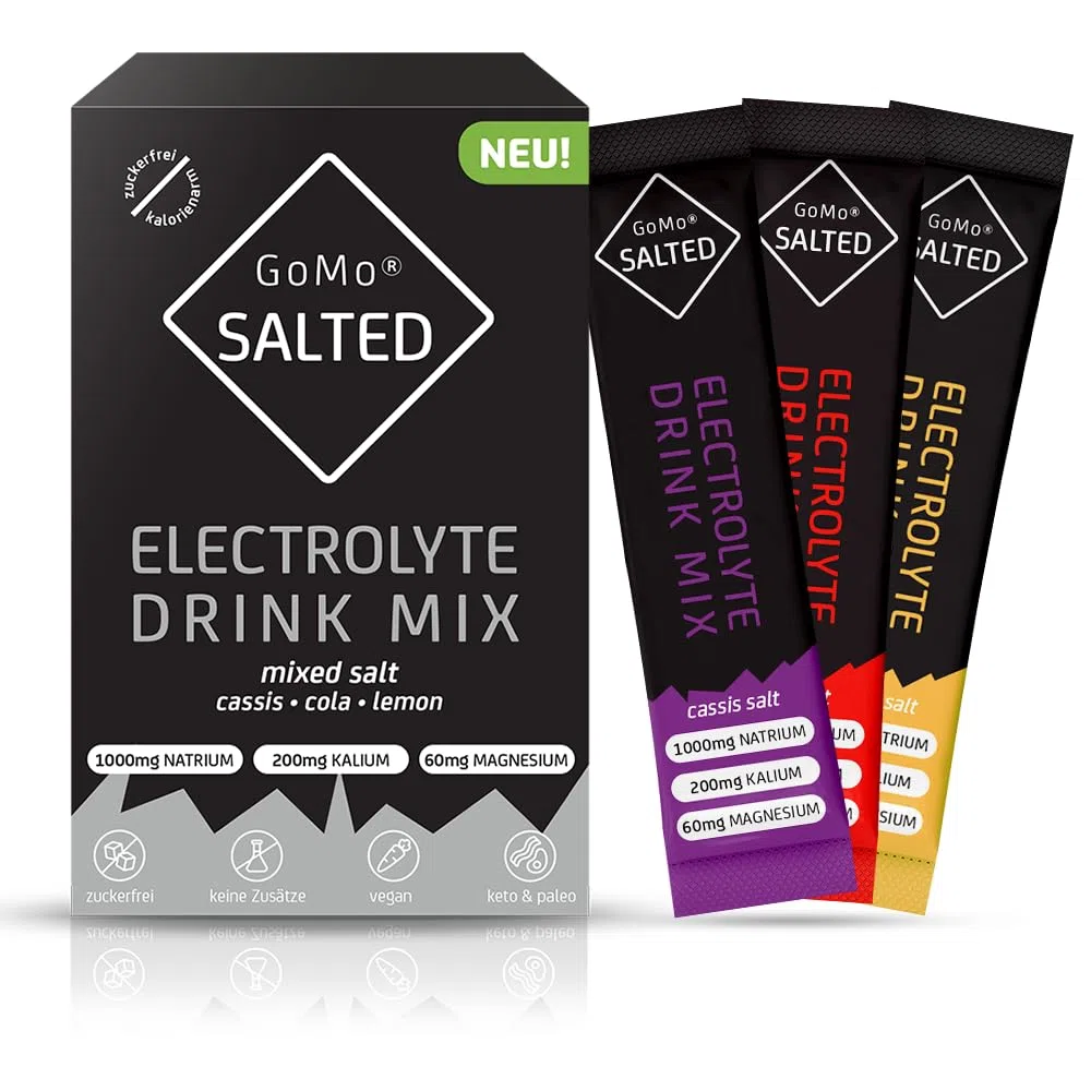 GoMo SALTED Hydration Aid | Electrolytes sans sucre | Amélioration de l'absorption de l'eau & hydratation rapide | 30 portions de poudre d'électrolytes avec du sel des Alpes suisses | Goût mixte