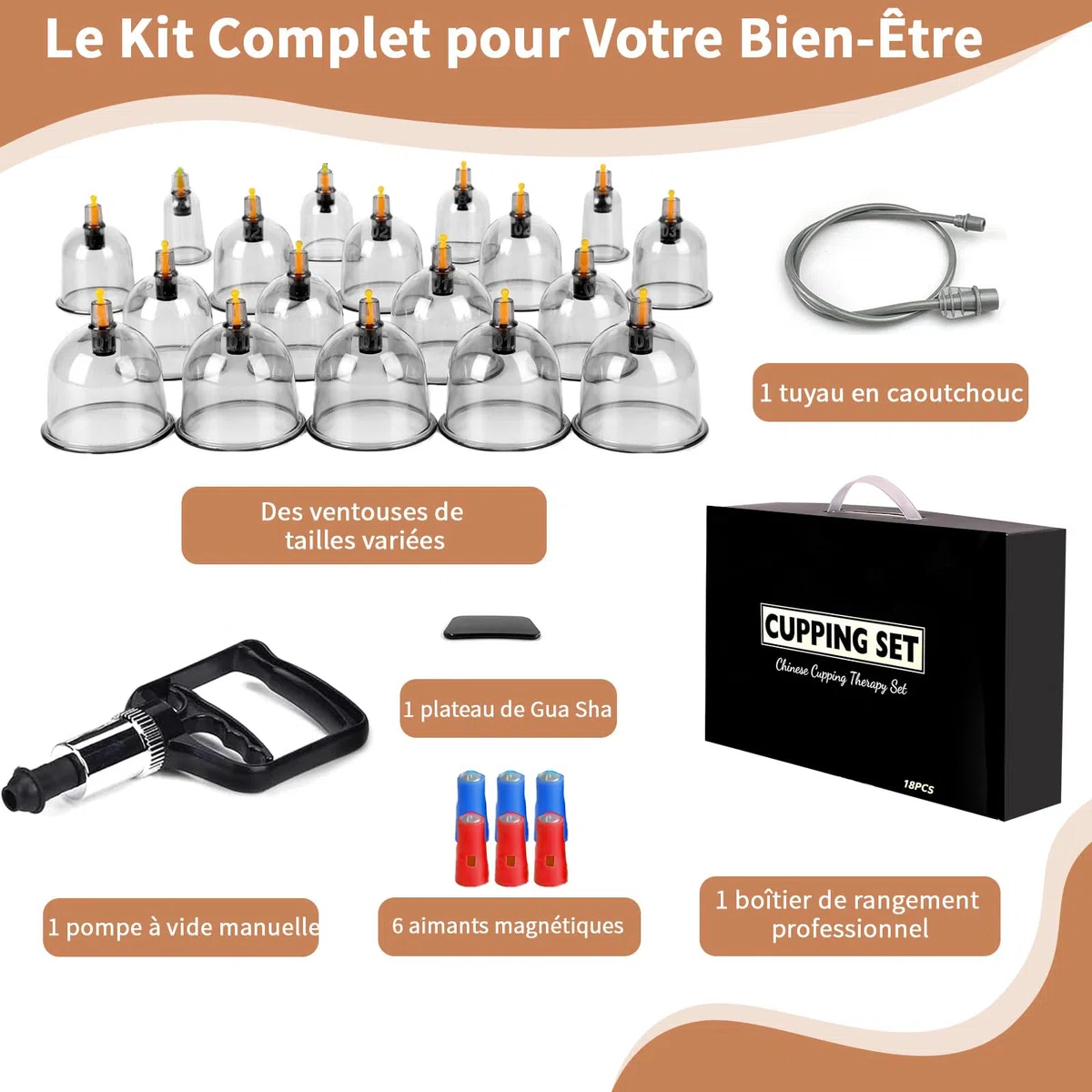 Kit de 18 Ventouses Thérapeutiques, ventouse massage anti-cellulite et relaxation musculaire，ventouse hijama comprenant aiguilles d'acupression amovibles, pompe à vide, tuyau d'extension