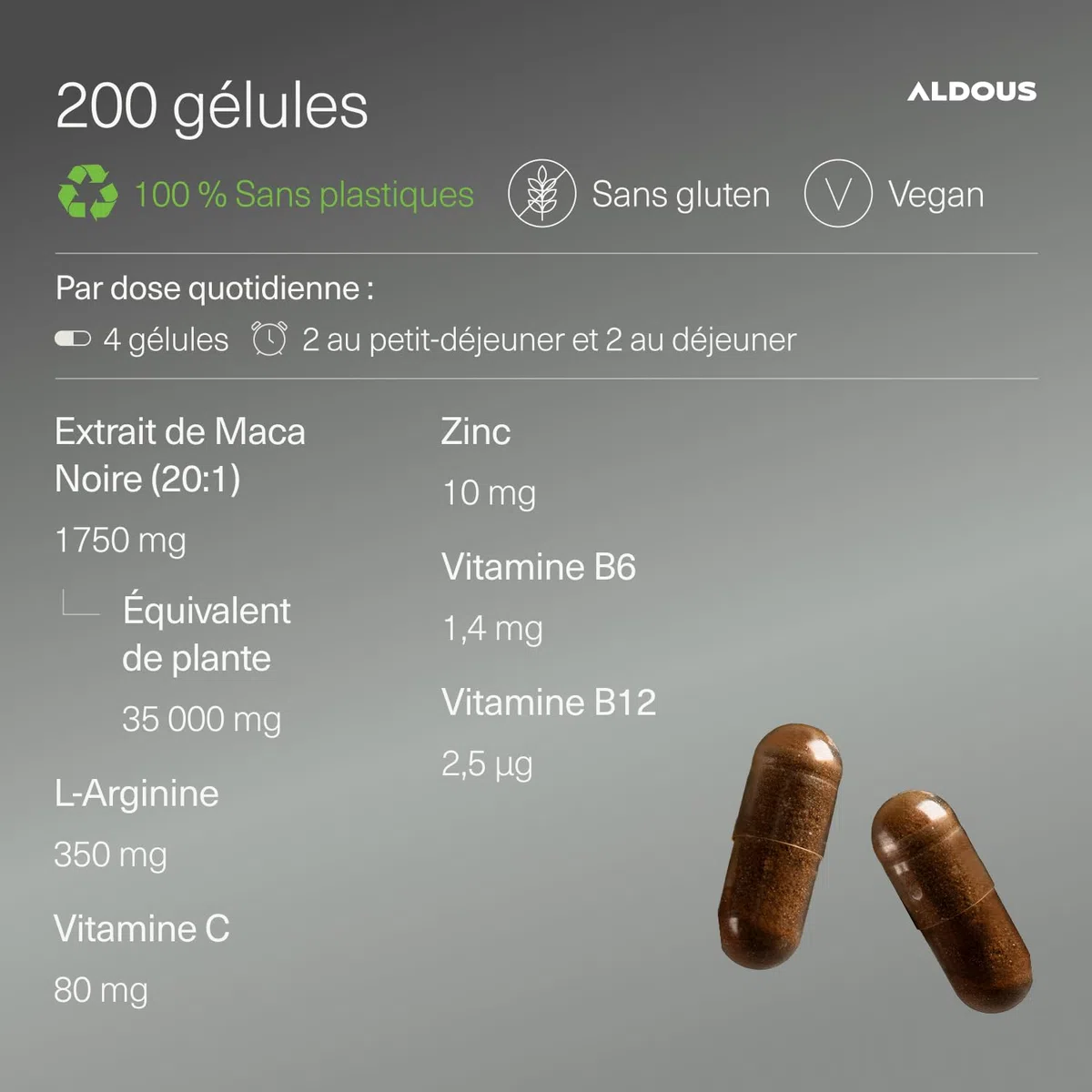 Maca Noire 35.000 mg - 200 gélules - Extra Forte - Extrait 20:1 - Avec Arginine, Zinc, Vitamine C, B12 et B6 - Maca du Pérou hautement concentrée - Régulateur hormonal, Énergie, Vitalité - ALDOUS