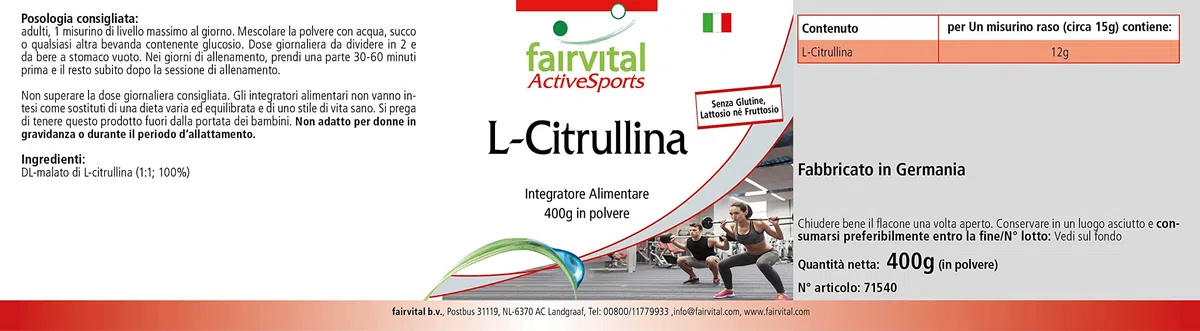 fairvital L-citrulline malate en poudre, 400 g, HAUTEMENT DOSÉE, L-citrulline DL-malate, 100% pure sans additifs