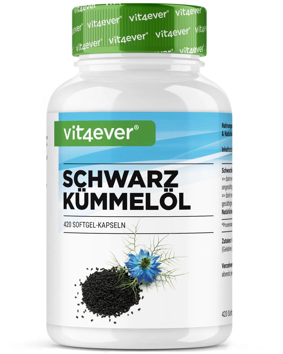 Huile de Cumin Noir - 420 capsules - 1000 mg par Portion Journalière - Egyptienne, Naturelle & Pressée à Froid - Véritable Nigella sativacapsules d'Huile de Cumin Noir à Haute Dose.