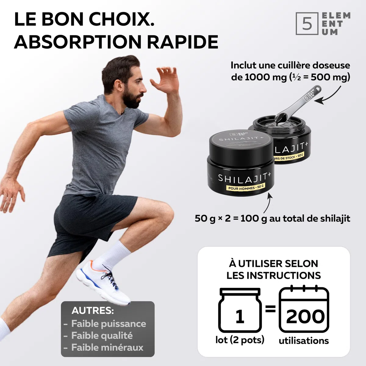 Shilajit Himalaya pour Hommes – 100 g (2x50 g) Résine Pure avec 82 % d’Acide Fulvique | Mumijo Naturel Hautement Concentré | Résine de Shilajit Himalayenne + Cuillère Doseuse 500 mg