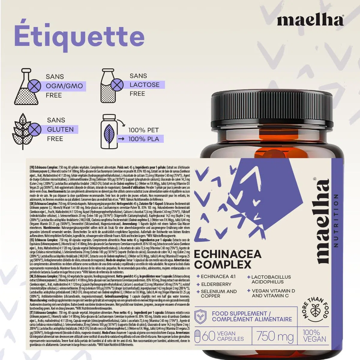 ÉCHINACÉE COMPLEX | Échinacée, ESTER-C, Bêta-glucanes, Sureau, Vitamine D, Sélénium, Cuivre, Lactobacillus acidophilus | Système immunitaire | 60 Gélules végétales | Formule 100% VEGAN