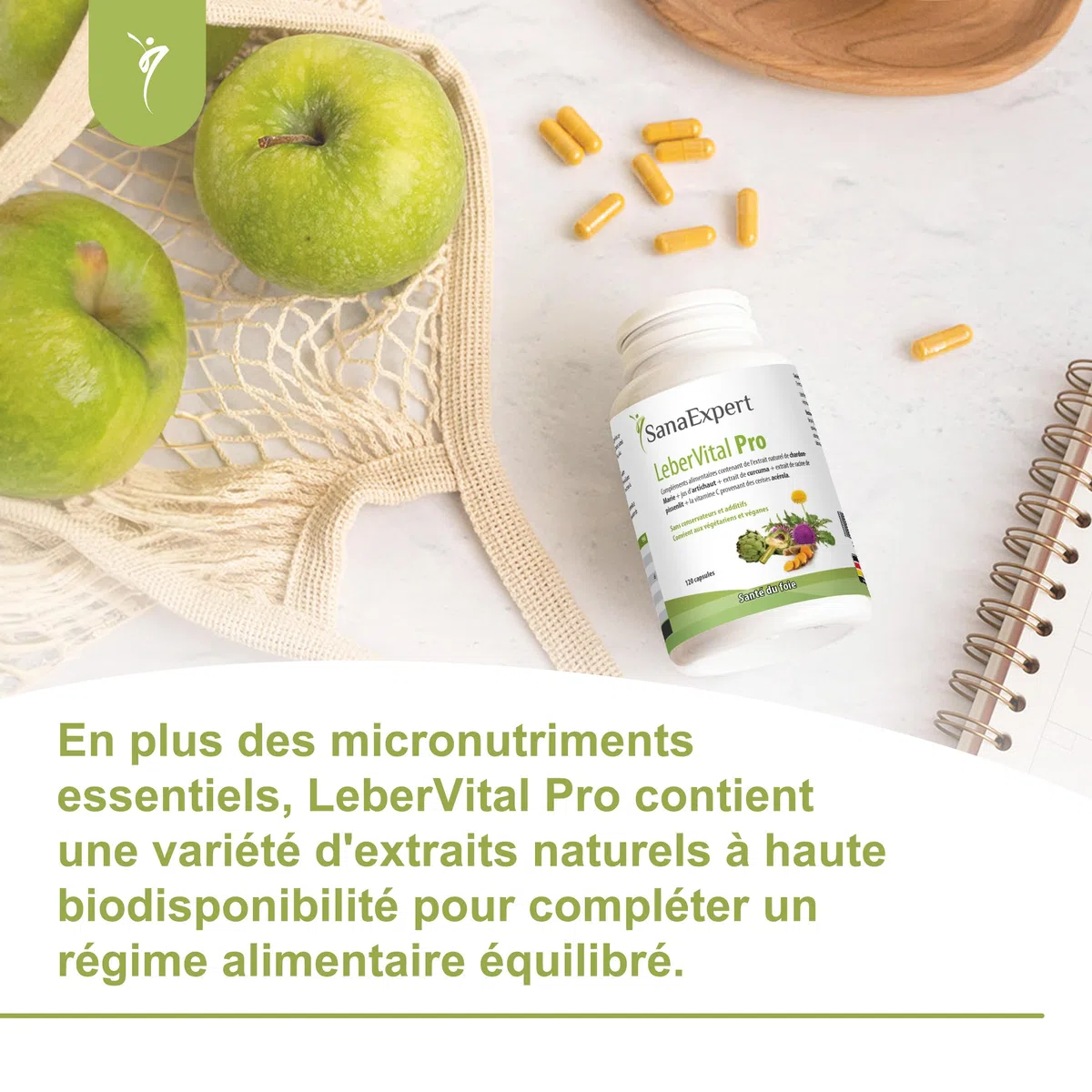 SanaExpert LeberVital Pro | Chardon-Marie titré à 70% de silymarine, Curcuma, Artichaut, Pissenlit & Vitamine C (acérola) | 120 gélules vegan, sans gluten ni lactose | Fabriqué en Allemagne