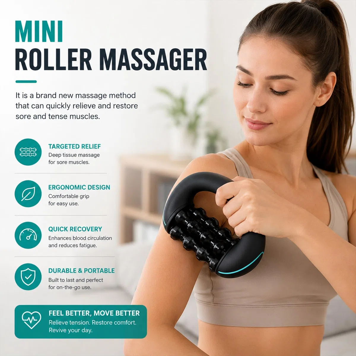 Masseur électrique à main avec rouleaux, 8 vitesses, massage en profondeur rechargeable pour le dos, les épaules et les jambes, rouleau de fascia électrique avec 6 têtes de massage pivotantes (A-3
