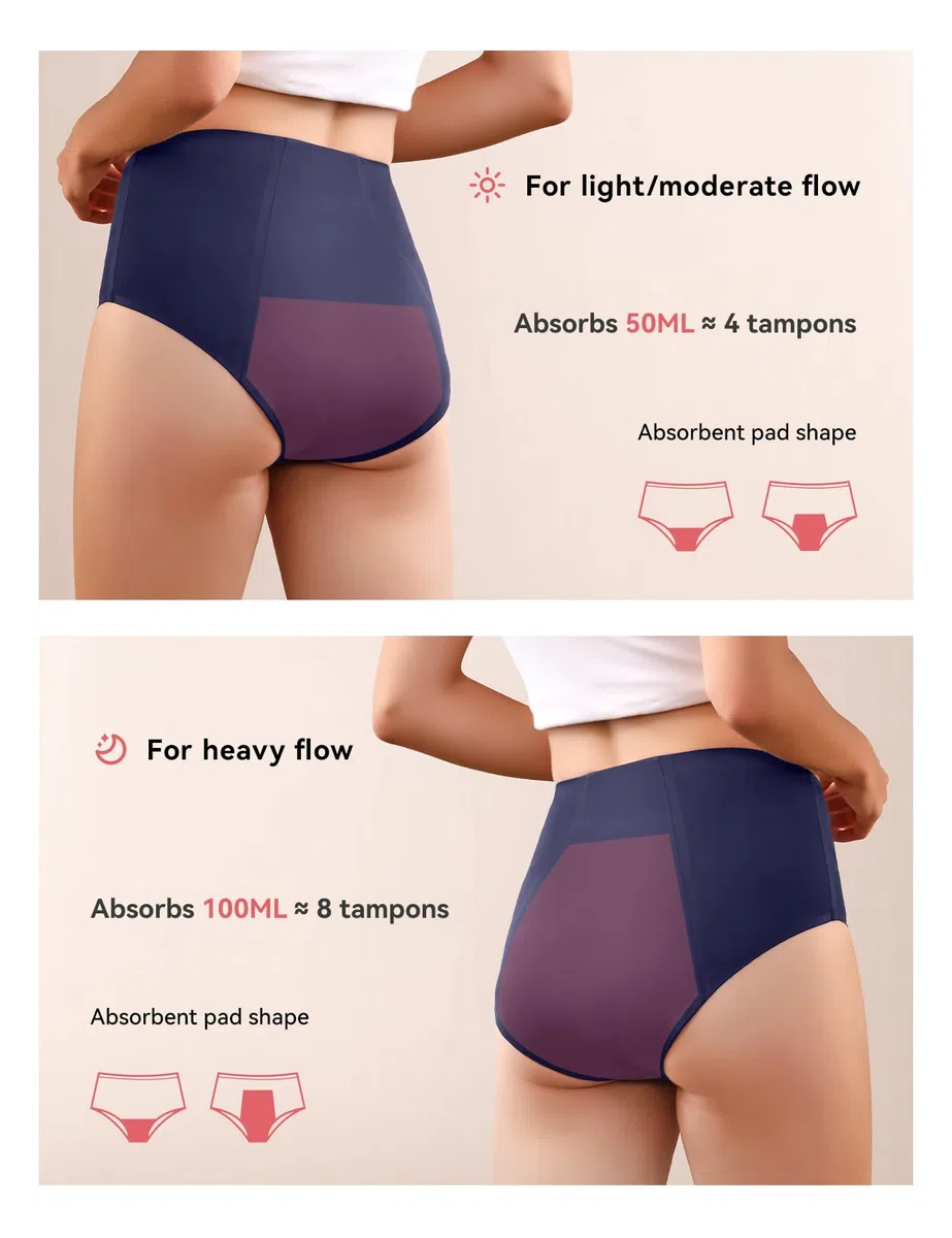 Carer Lot de 2 Culottes d'Incontinence pour Femmes à Haute Absorption Sous-vêtements Menstruels avec Protection Jour et Nuit Culottes Protectrices Taille Haute pour les Règles 50ML à 100ML Bleu XXL