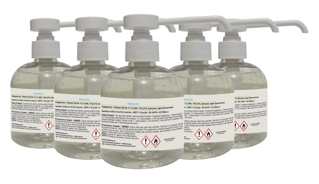 Vindi Désinfectant gel hydroalcoolique - Lot de 5 flacons pompe de 300ml - Fabrication Française - 76% d'alcool - Désinfection des mains - Virucide
