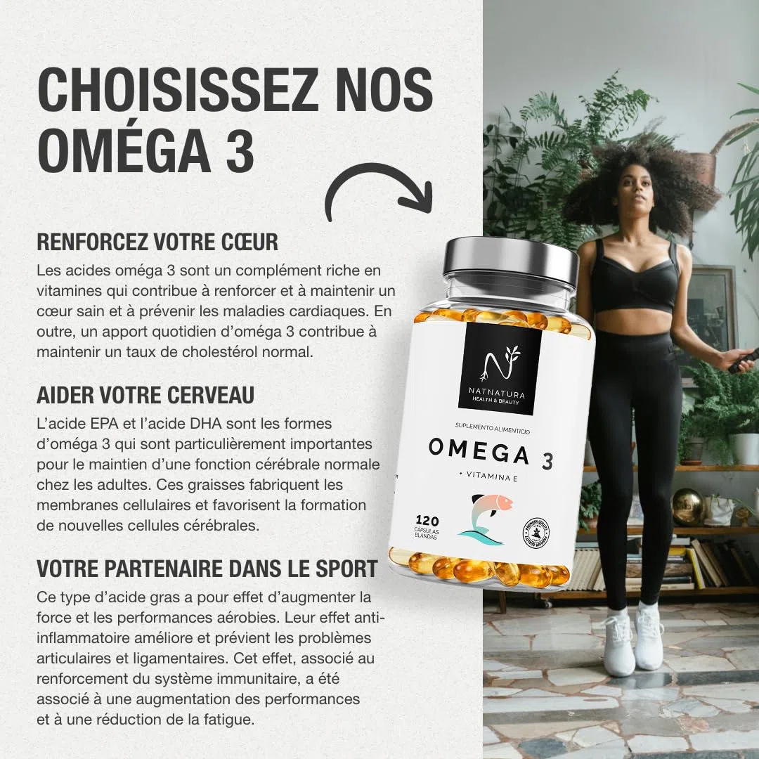 Oméga 3 concentration maximale EPA - DHA. Acides gras oméga 3 (2 000 mg) + vitamine E à base d'huile de poisson sauvage. 120 perles molles