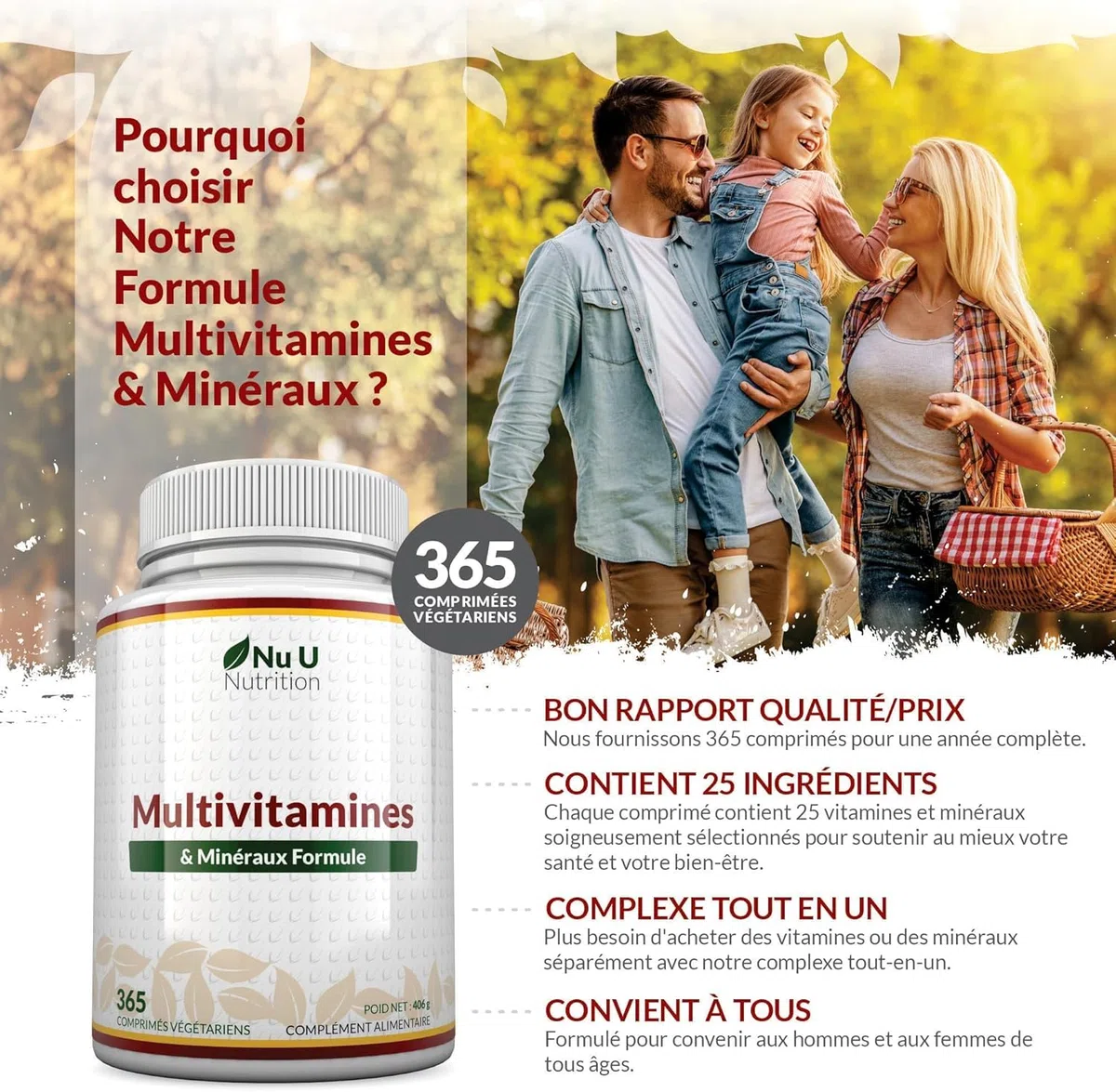 Multivitamines et Minéraux - 365 Comprimés (12 Mois) - 25 Nutriments dont Vit A B C D Fer Zinc Magnesium - Complément Alimentaire Homme et Femme - Vitamines, Minéraux et Compléments - Nu U Nutrition