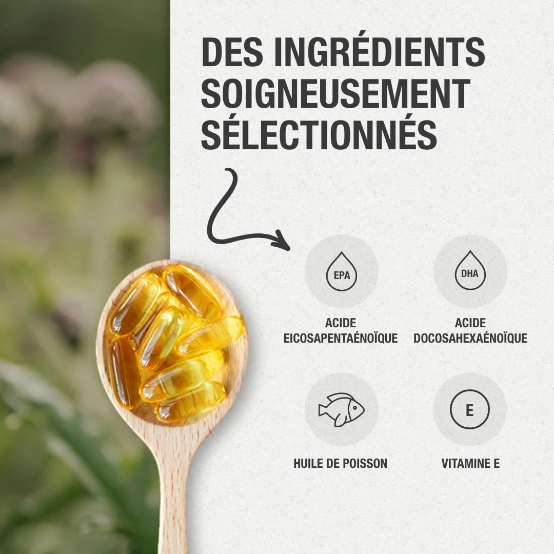 Oméga 3 concentration maximale EPA - DHA. Acides gras oméga 3 (2 000 mg) + vitamine E à base d'huile de poisson sauvage. 120 perles molles