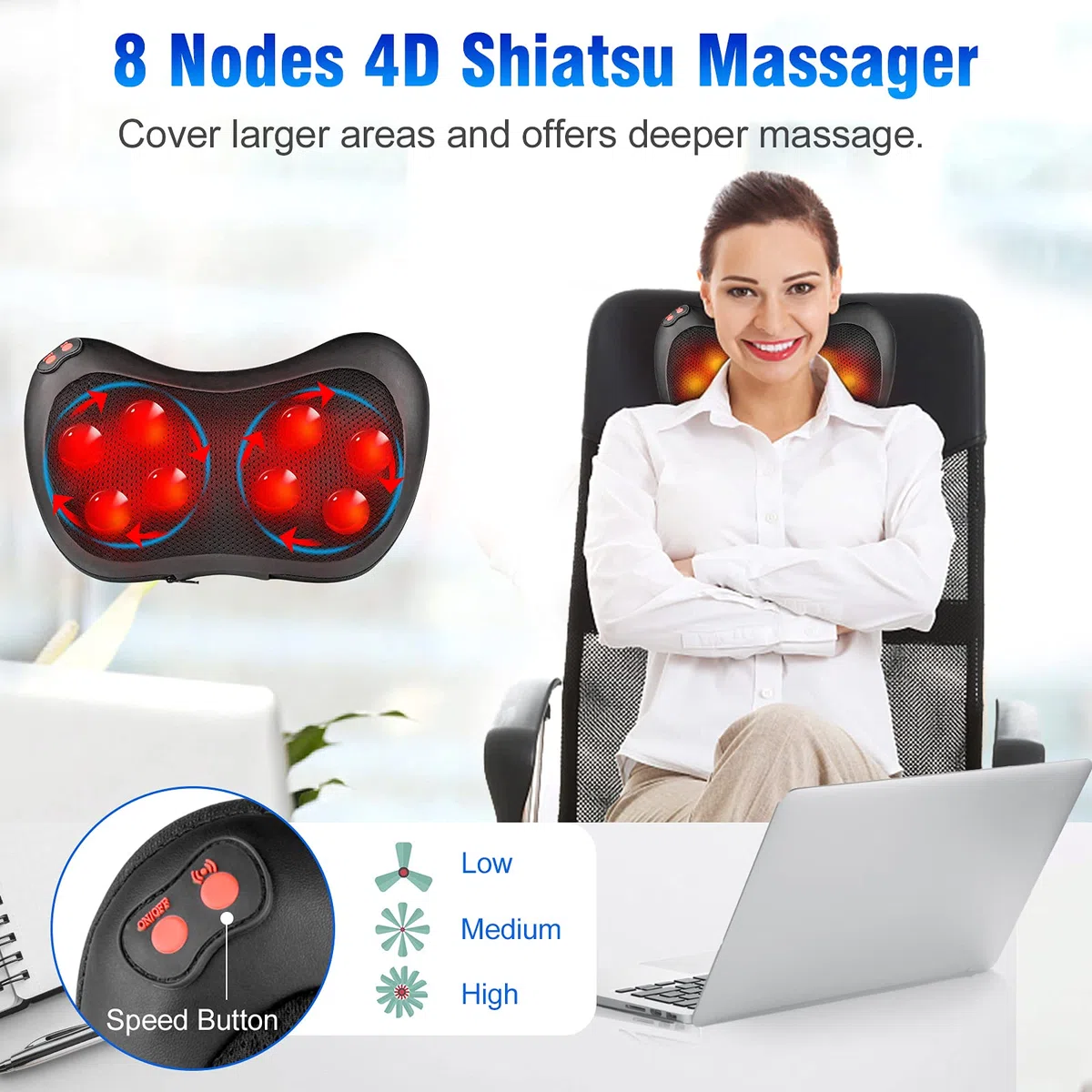 Coussin de Massage avec 8 Nœuds, Masseur Shiatsu Électrique avec Chauffage, 3 Vitesses, Minuterie 15 Min, pour Cou, Dos, Épaules, Pieds, Mollets, Jambes – À Utiliser au Bureau, à la Maison ou en Voitu