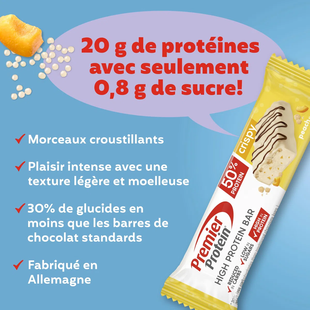 Premier Protein High Protein Bar Crispy Peach 16x40g - High Protein Low Sugar Riegel + Palmölfrei