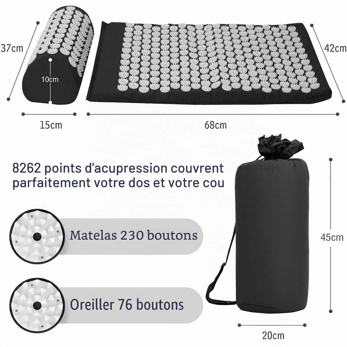 Angelkiss Kit d'acupression Tapis d'acupression avec coussin pour relaxation et massage apaisants, soulagement des maux de dos, maux de tête, cervicales, stress des troubles du sommeil à la maison, au