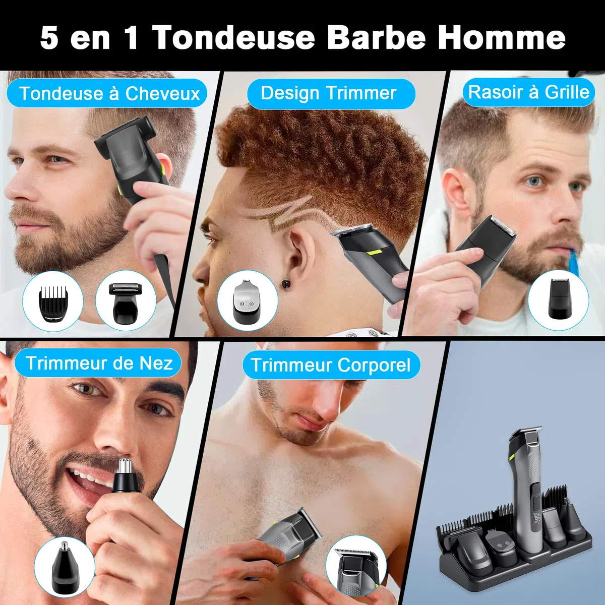 Carehabi Tondeuse Cheveux et Barbe 5 en 1 pour Hommes - Tondeuse Nasale Sans Fil, Multifonction pour Visage, Tête et Corps, Étanche IPX7, Kit de Grooming Homme (Cadeau pour Hommes)