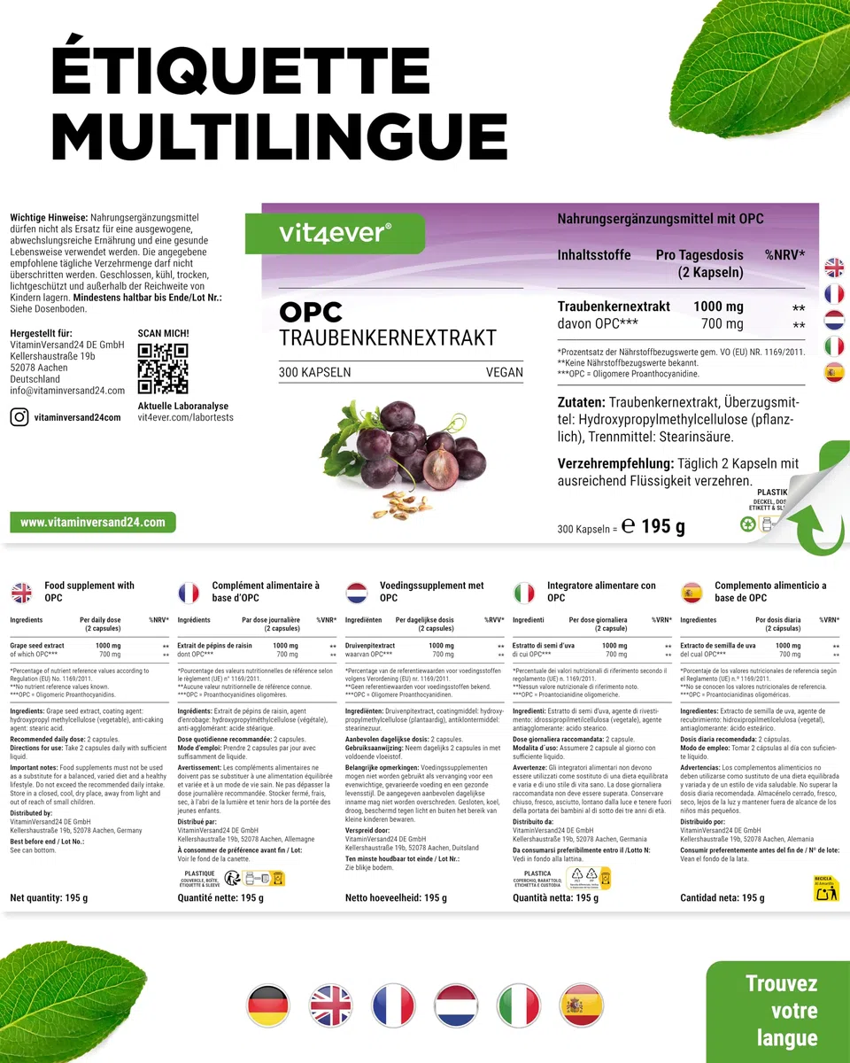 vit4ever OPC Extrait de Pépins de Raisin – 300 capsules – 1000 mg d’Extrait avec 700 mg d’OPC – Teneur la Plus Élevée selon HPLC – Issu de Raisins Européens – Végane – Hautement Dosé