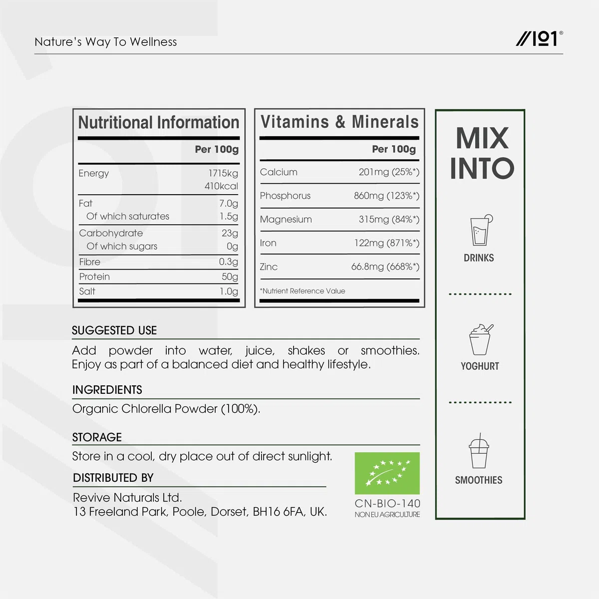 Poudre de chlorella bio 200 g - Paroi cellulaire cassée - Complément alimentaire pur sans additifs - Sachet refermable et recyclable - par Alpha01