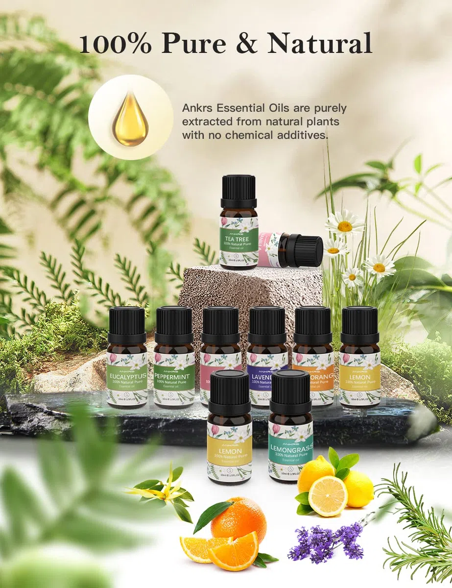 Set d'Huiles Essentielles 10x10ml 100% Naturelles pour Diffuseur d'Aromathérapie - Tea Tree Oil, Eucalyptus, Peppermint, Lemon, Orange, Lemongrass, Lavender, Rose, Ylang-Ylang, Vanilla