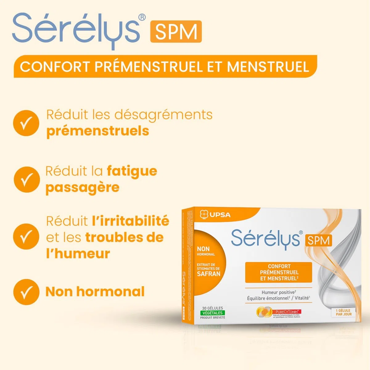 UPSA - Sérélys SPM - Complément Alimentaire Pour le Confort Prémenstruel et Menstruel - Humeur Positive, Equilibre Emotionnel & Vitalité - Non Hormonal - 30 Gélules Végétales - 1 mois