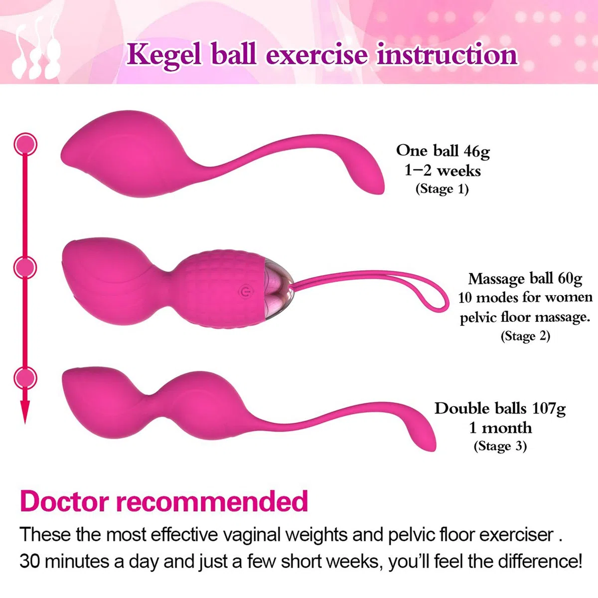 Boules de Geisha - 3 Kegel Balls en Silicone Médicale pour Exercices de Plancher Pelvien Ensemble - D'Entraînement Pour Renforcer & Tonifier Les Muscles Pelviens (Rose)