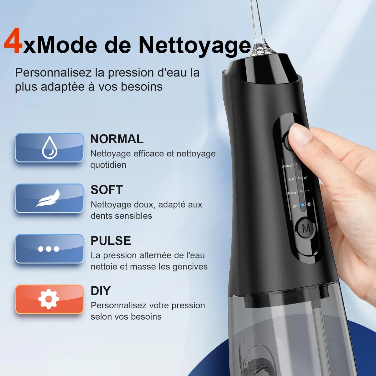 Hydropulseur Jet Dentaire, 320ML Réservoir Amovible, Étanche IPX7 Irrigateur Oral, 4 Modes de Nettoyage, 5 Buses Portable Water Flosser, Irrigateur Dentaire pour la Maison et Les Voyages, Noir