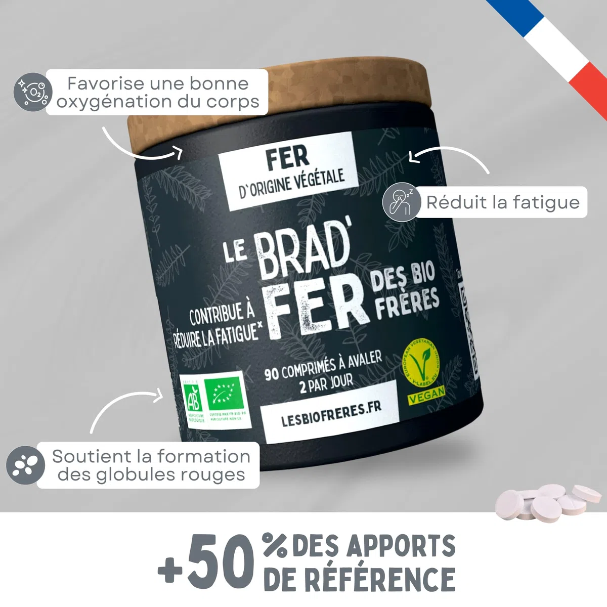 Fer Bio Vegan 7 mg - 90 Comprimés - Cure 45 Jours - Réduction de la Fatigue - Soutien Immunitaire - Fer Hautement Assimilable - Fabriqué en France