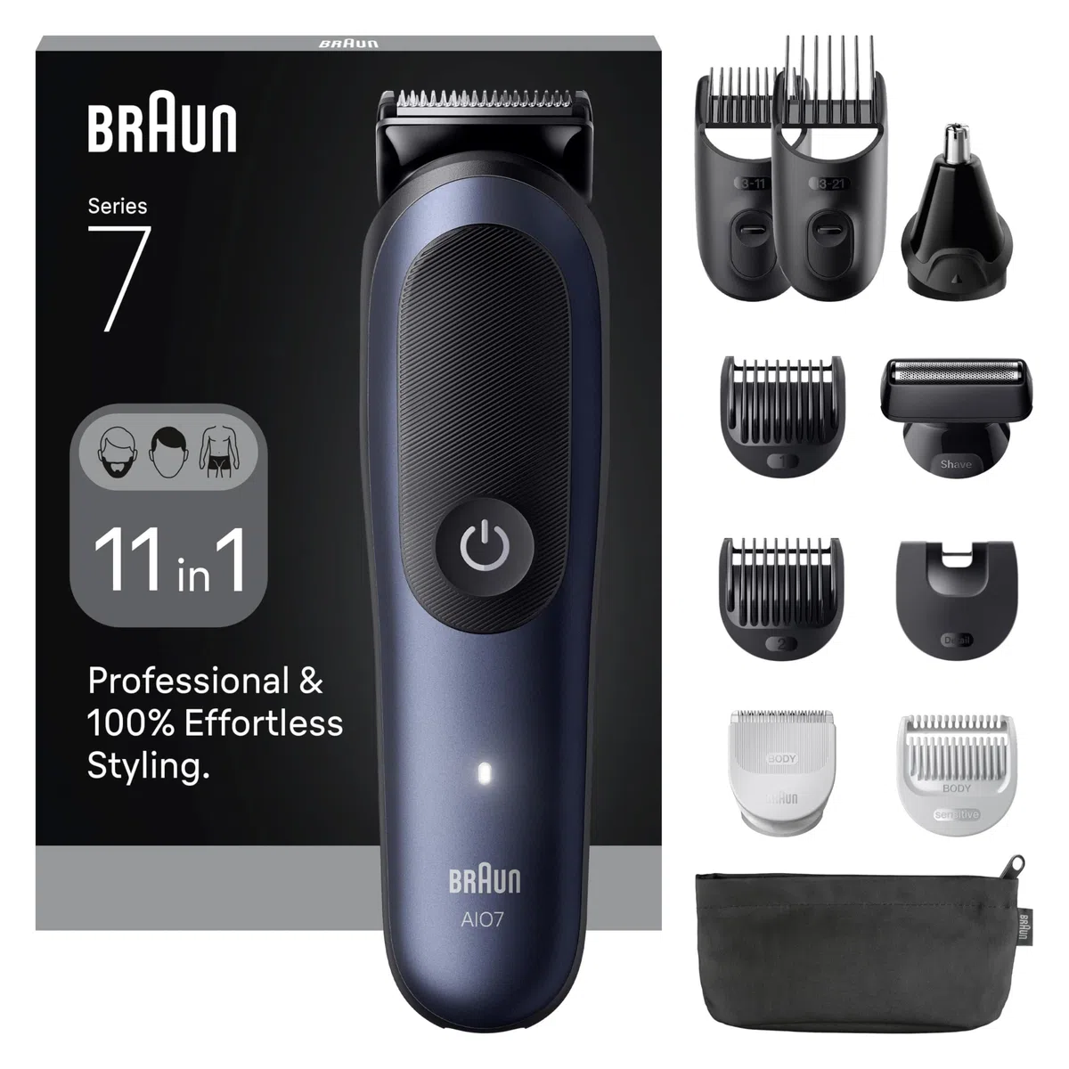 Braun Soin corporel multifonction Series 7 11 en 1 ProBlade et AutoSense, 120 min, SkinGuard et ombrage de la barbe, AquaGrip pour utilisation sous l'eau, AIO7540, bleu