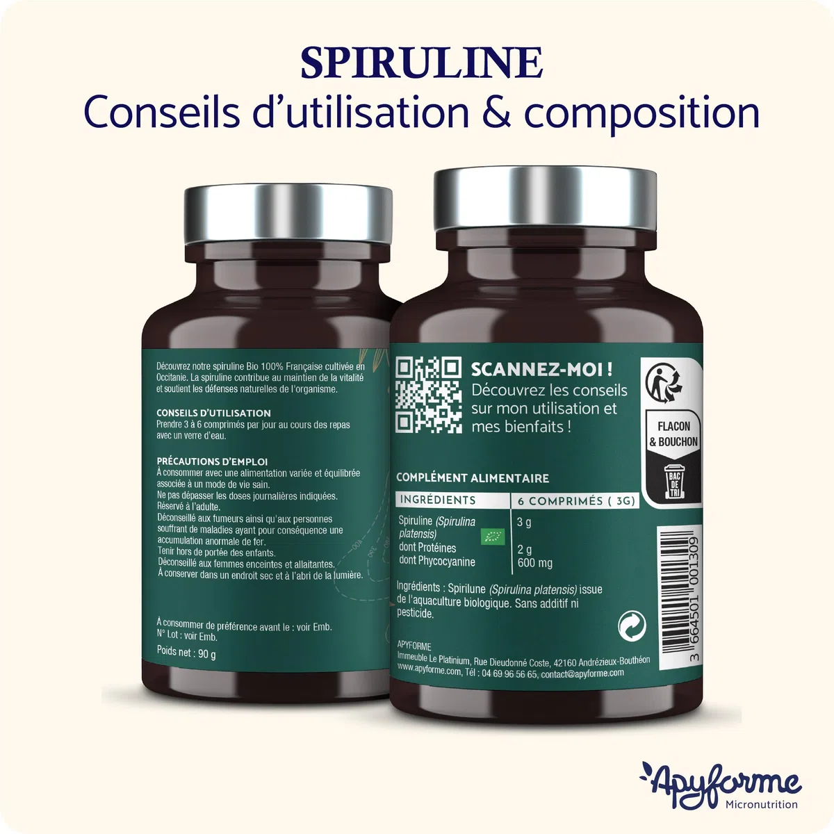 Apyforme - Spiruline BIO Française - Haute Concentration Jusqu'à 25% de Phycocyanine - Culture Paysanne Écoresponsable - 180 Comprimés Super Protéinés - Origine France