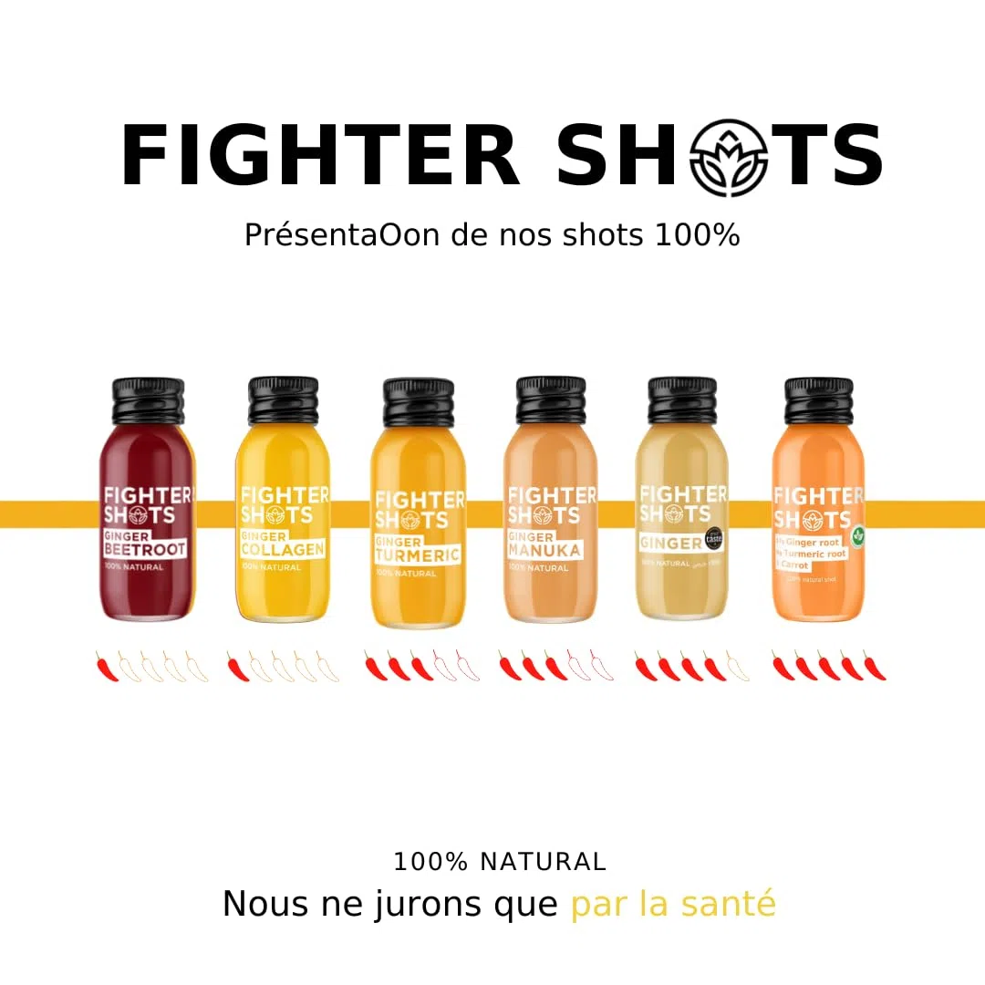 Fighter Shots Pack mixte de 6 saveurs (12x60ml) | 2 Gingembre / 2 Curcuma / 2 Collagène / 2 Betterave / 2 Manuka / 2 Curcuma Végan | 100% Naturel | Sans Conservateurs