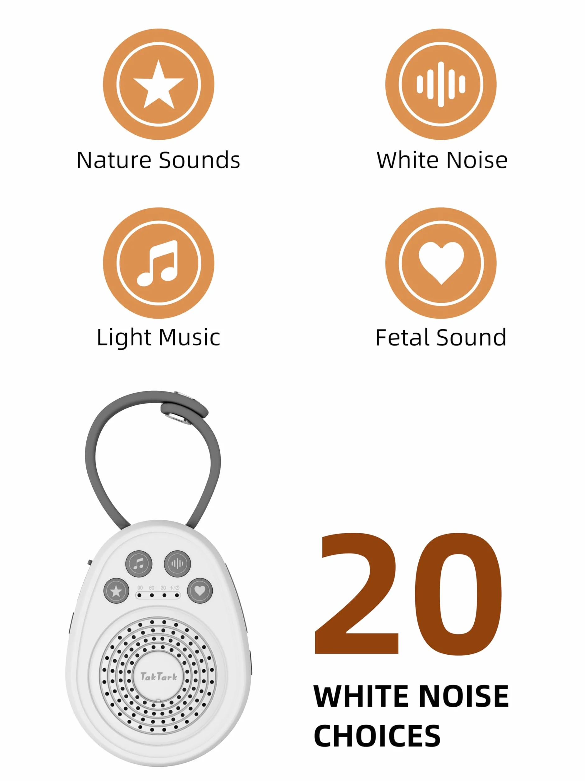 TakTark Bruit Blanc Bebe, Machine à Bruit Blanc Portable White Noise Machine Aide au Sommeil pour Enfant et Adult avec 20 Sons Apaisants pour le Sommeil, USB Rechargeable