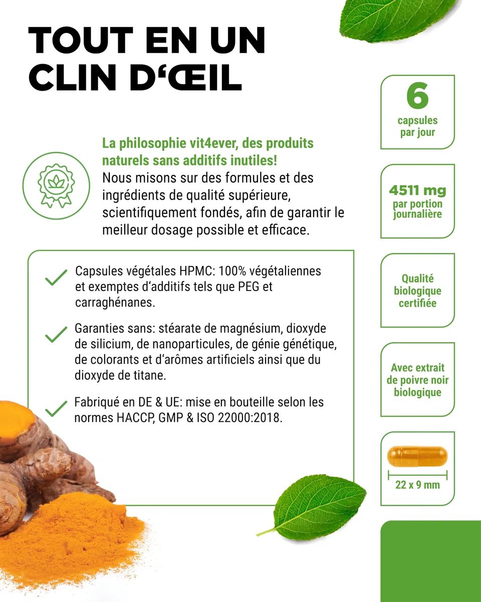 vit4ever Curcuma Bio au Poivre Noir - 365 capsules - 4511 mg de Curcuma Bio (Curcuma) par Dose Journalière - avec Curcumine & Pipérine - Qualité 100% Bio - Fortement Dosé - Végétalien