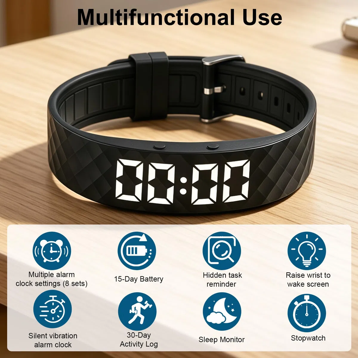 Bracelet Réveil Vibrant Intelligent Montre Vibrante Podomètre avec 8 Alarmes Multiples, Minuterie Répétitive Suivi du Sommeil et 30 Jours Activité Étanche IP65 Étanche Sangle Silicone Hypoallergénique