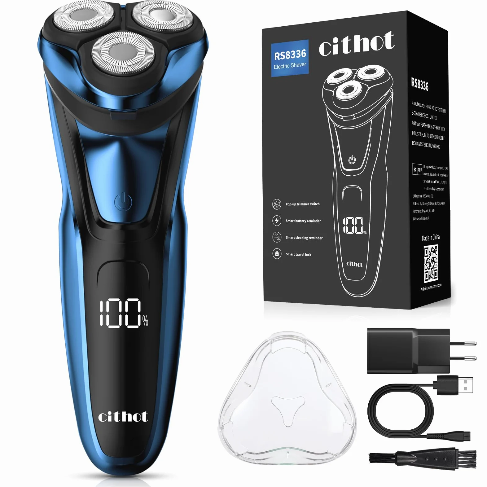 Rasoir Électrique pour Homme Rasoir à Têtes Rotatives avec Tondeuse Barbe de Précision IPX7 Rasoir à Sec et Humide avec Verrouillage de Voyage RS8336 Bleu Shaver Portable