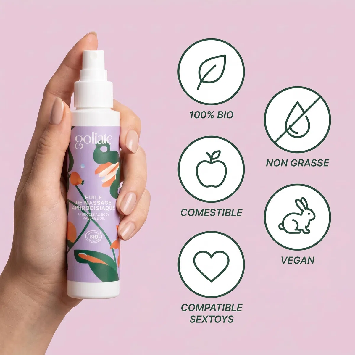 GOLIATE Huile Massage BIO Aphrodisiaque - COSMOS ORGANIC - Vegan | Certifiée Ecocert, 3 ingrédients bio, santal gingembre bergamote, comestible, sans paraben, fabriquée en France