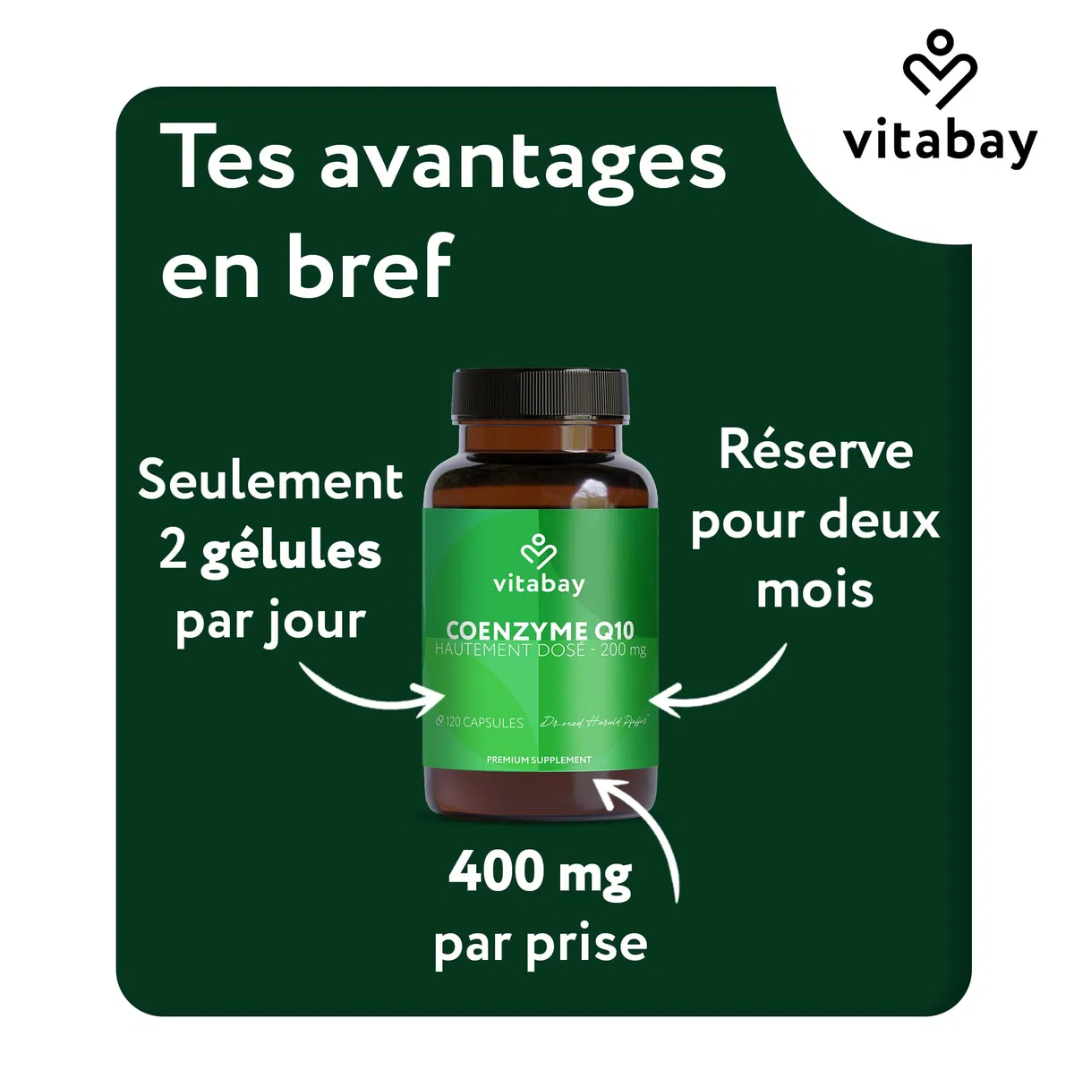 Vitabay Coenzyme Q10 Ubiquinone 200 mg – 120 capsules végétales – CoQ10 hautement dosé – Q10 naturel issu de fermentation végétale – sans additifs & 100% vegan – testé en laboratoire en Allemagne