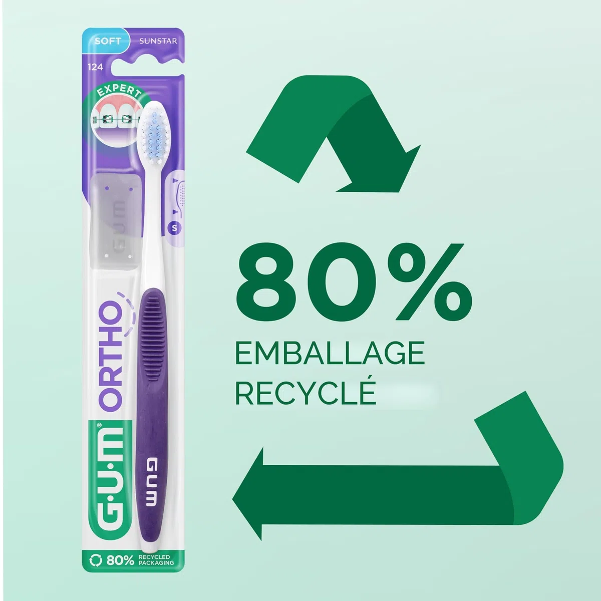GUM ORTHO Brosse à Dents Manuelle | BRINS doux en forme de V | Pour le nettoyage des appareils orthodontiques | Manche antidérapant | Capuchon de voyage | 4x1 pièces (avec 2 échantillons bonus)