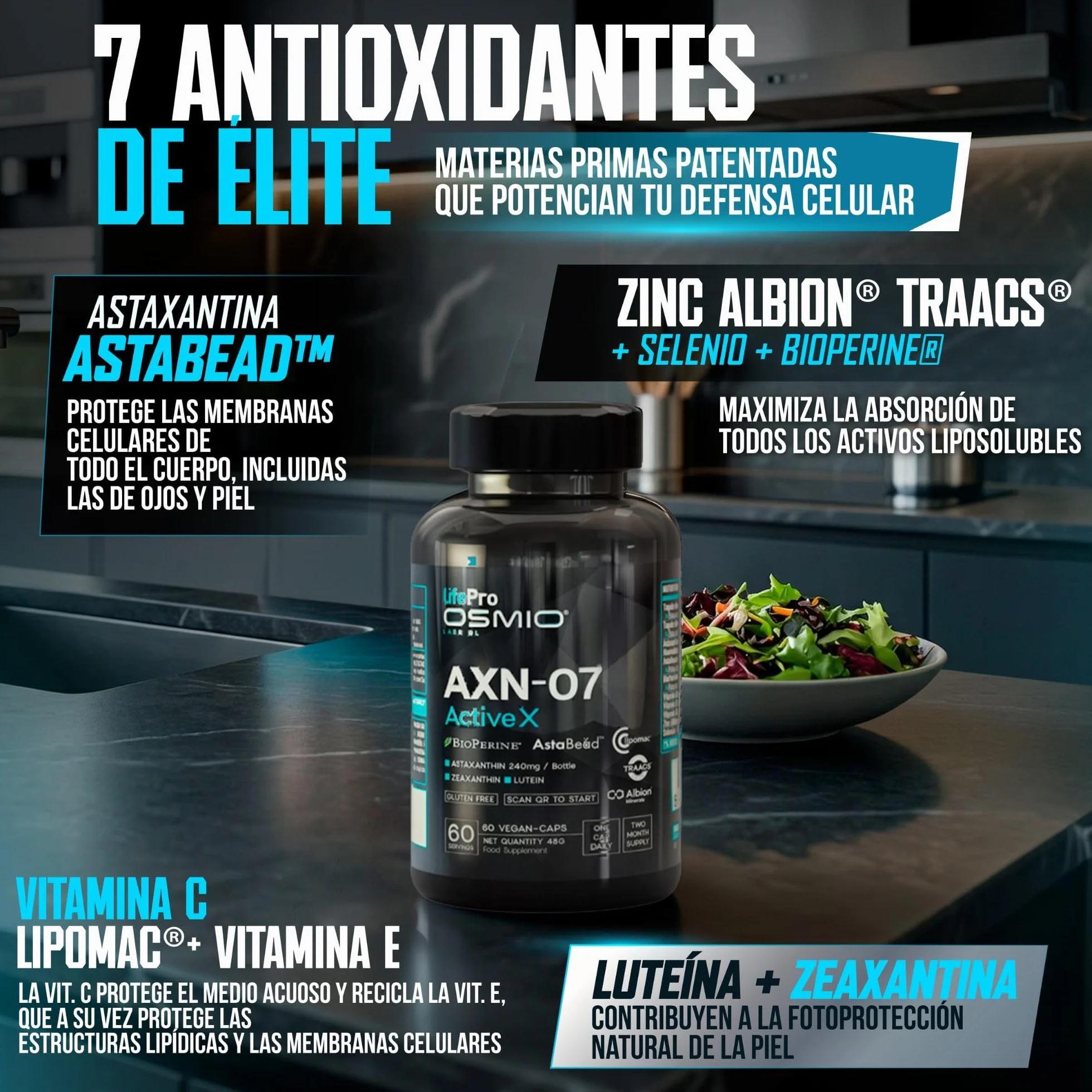 Life Pro Osmium Astaxanthin Axn-07-60 gélules végétaliennes - Complément d'astaxanthine avec lutéine, zéaxanthine, vitamines et minéraux pour un régime végétalien