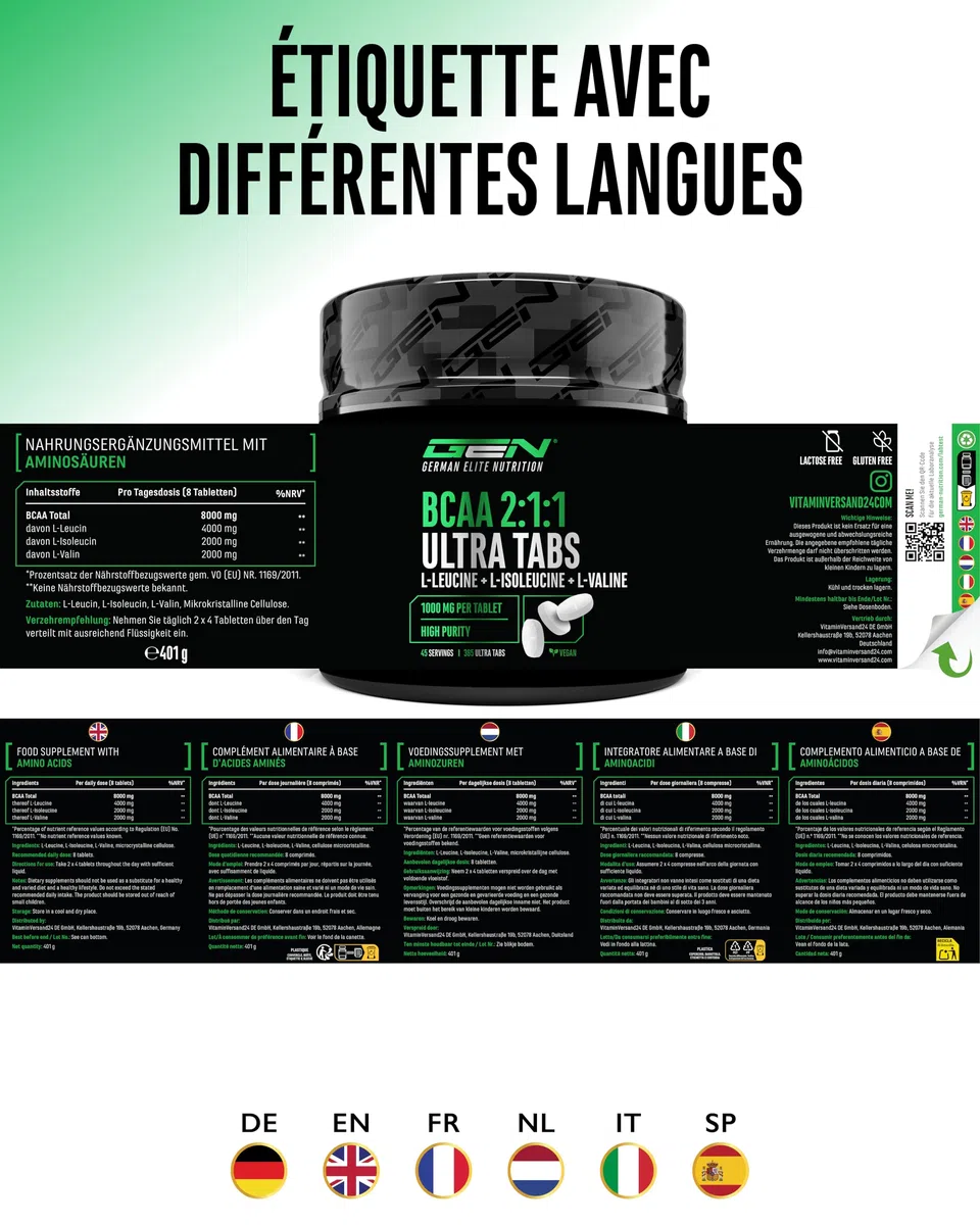 BCAA Ultra Tabs - 365 Comprimés avec 1000 mg de BCAA par Comprimé - Ratio Optimal 2:1:1 - Complexe d’Acides Aminés à Base de Leucine, Isoleucine & Valine - Vegan